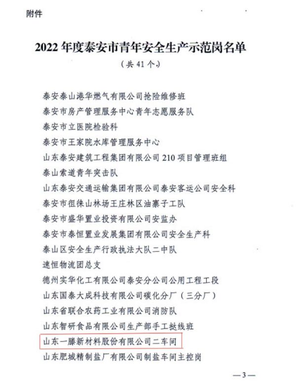 安全生产 青年先行 | 祝贺一滕新材料二车间荣获“泰安市青年安全示范岗”