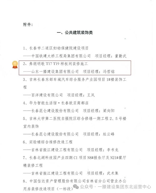 喜讯！一滕建设集团弗朗明歌装修项目荣膺长春市 2024 年度 “君子兰” 杯优质工程奖